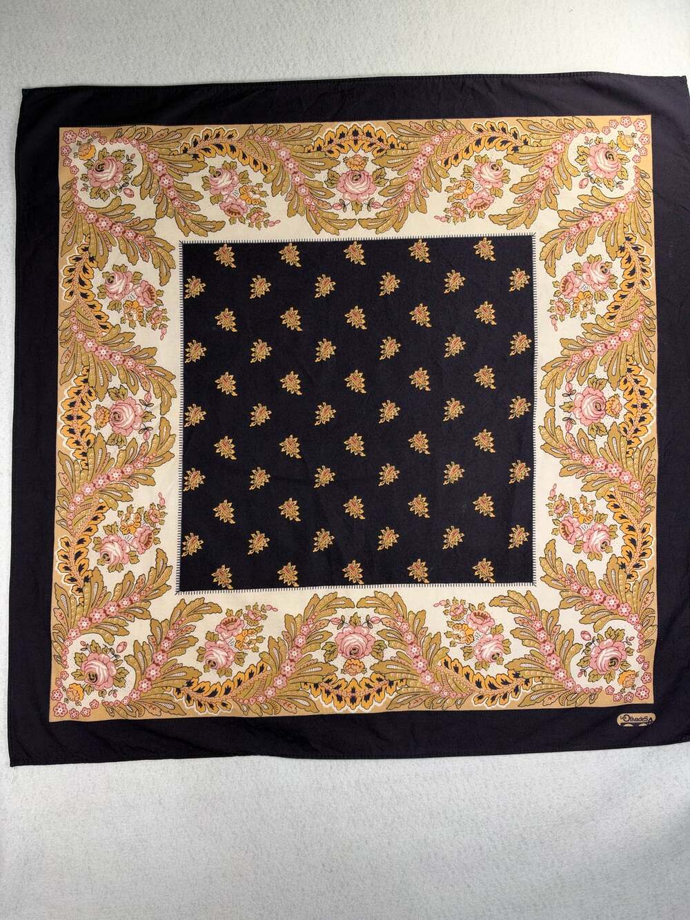 Vintage Les Olivades Provence Cotton Scarf Square Navy Pink Floral